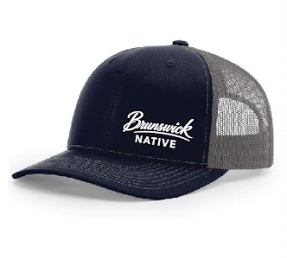 Brunswick NATIVE trucker hat concept with white wordmark and mesh back
